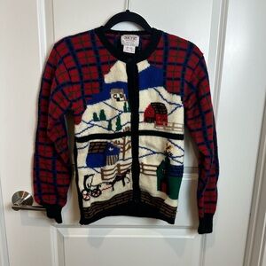 Vintage wool cardigan Amish cart with barn SKYR